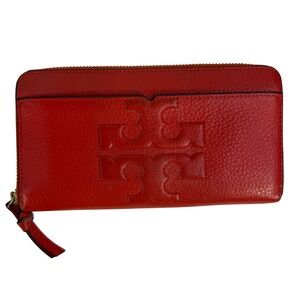 Tory Burch Bombe T Leather Zip Continental Wallet Red Pebbled Double T Logo